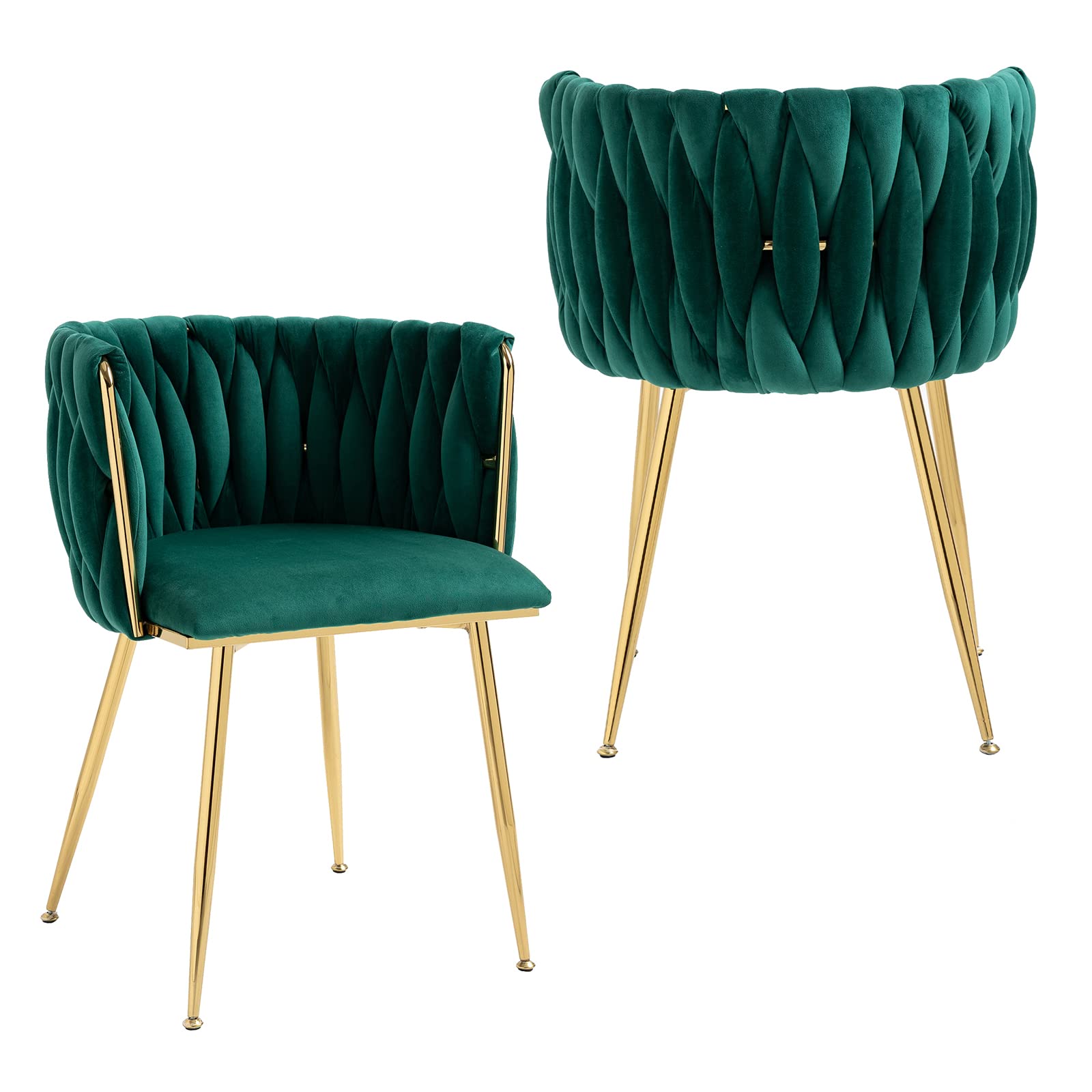 NIOIIKIT Modern Velvet Dining Chairs Hand Weaving Accent Chairs Living Room Chairs Upholstered Side Chair with Golden Metal Legs for Dining Room Kitchen Vanity Living Room (Emerald)