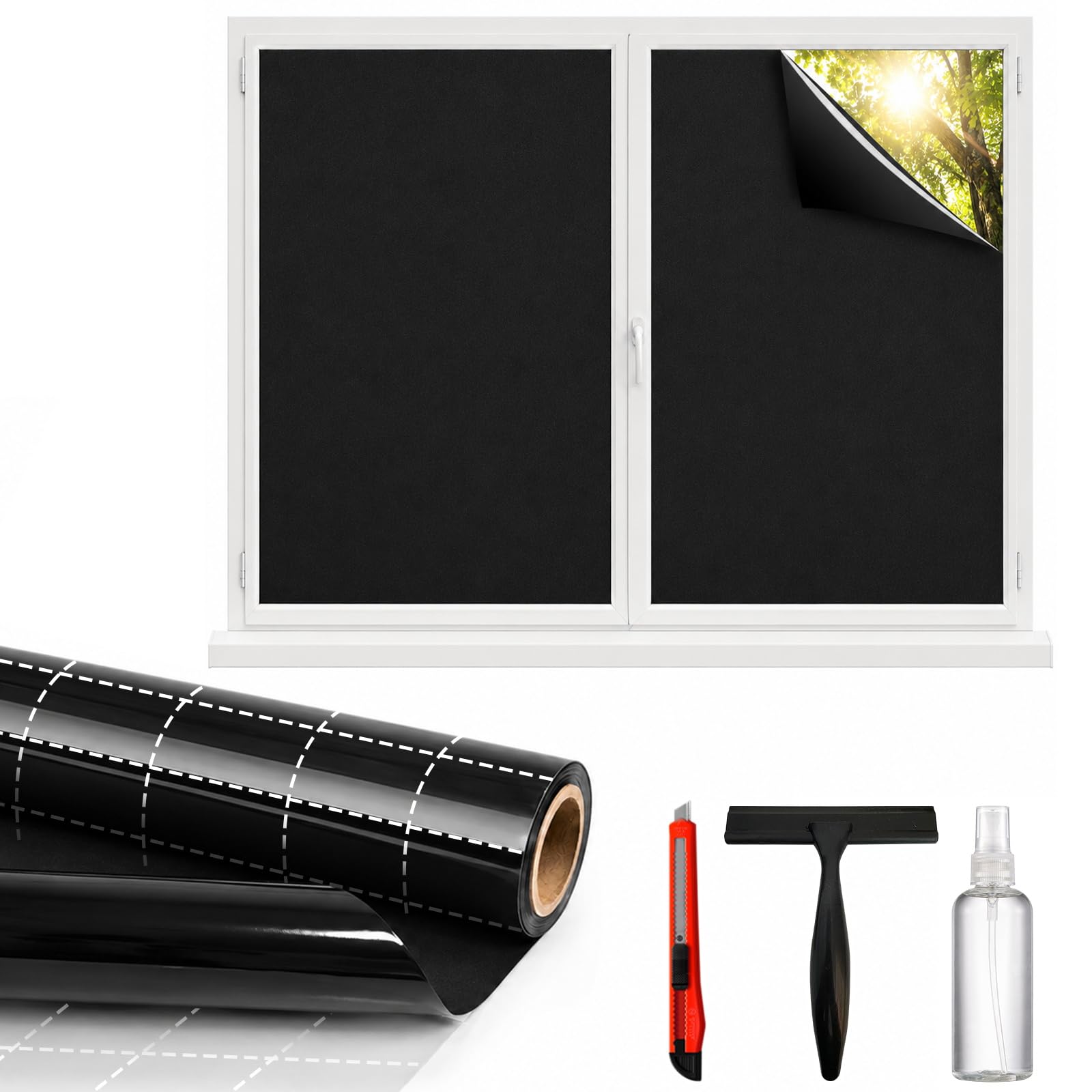 Blackout Window Privacy Film, Removable Window Cover Static Cling, Darkening Light Heat Blocking, Window Tint for Home Garage Bedroom Day Sleep, Black 17.5 Inch * 157.4 Inch