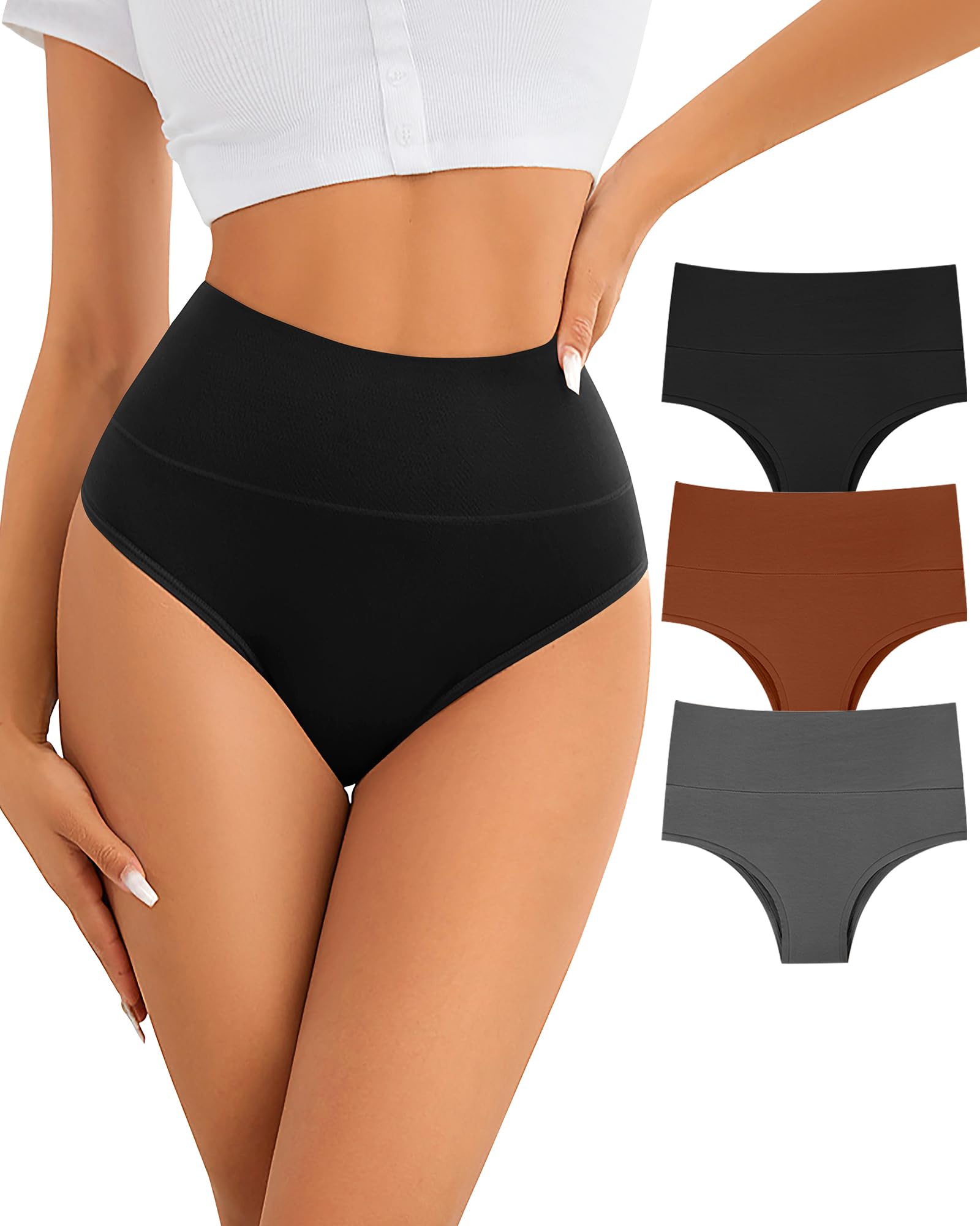 ASIMOON Ropa interior de bikini de cintura alta para mujer, bragas de algodón con control de abdomen, suaves, elásticas, sin rollitos, paquete múltiple