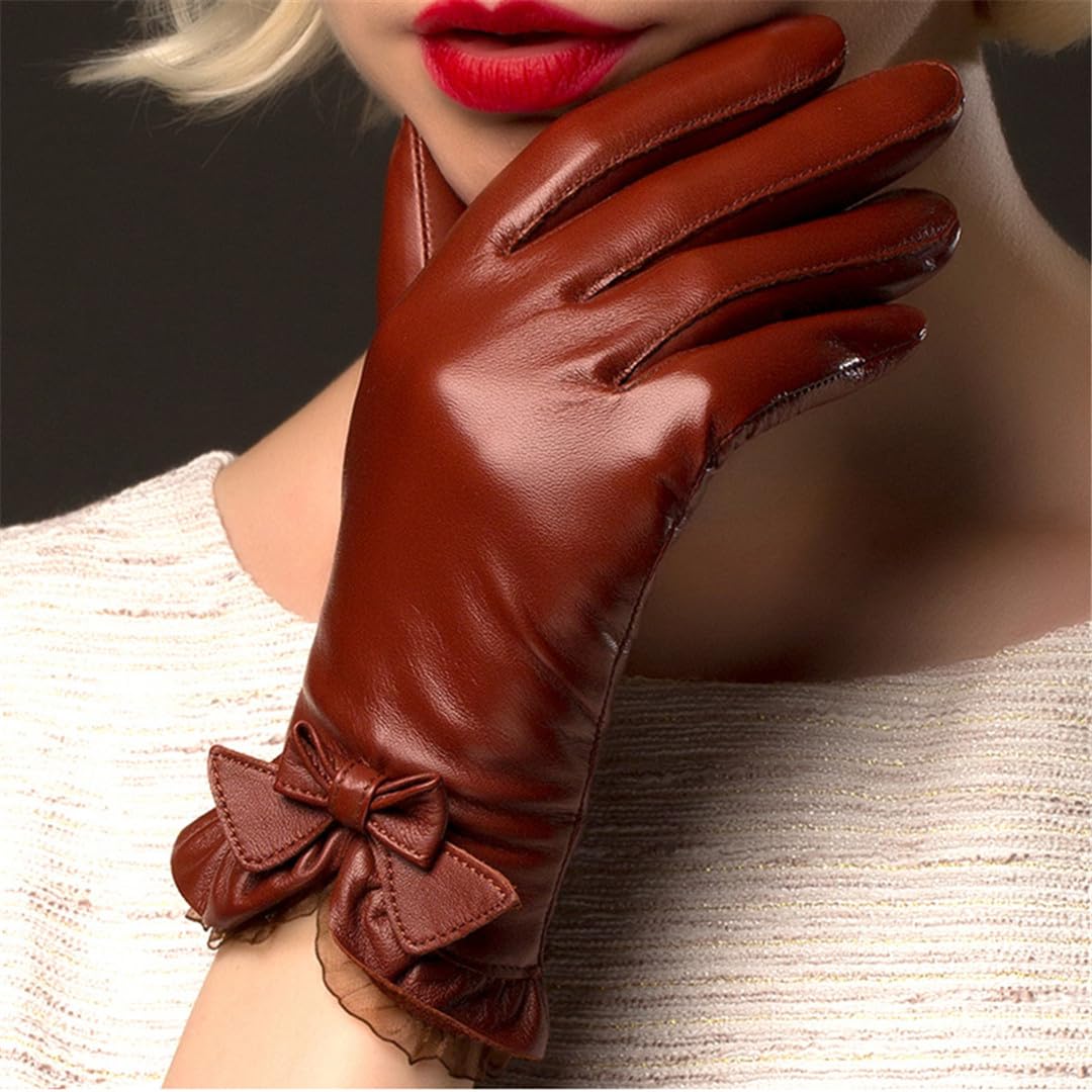 Gants En Peau De Mouton Pour Femmes, À La Mode, Avec Nœud En Dentelle, En Cuir Solide, Pour Conduite D'hiver, Garde Au Chaud