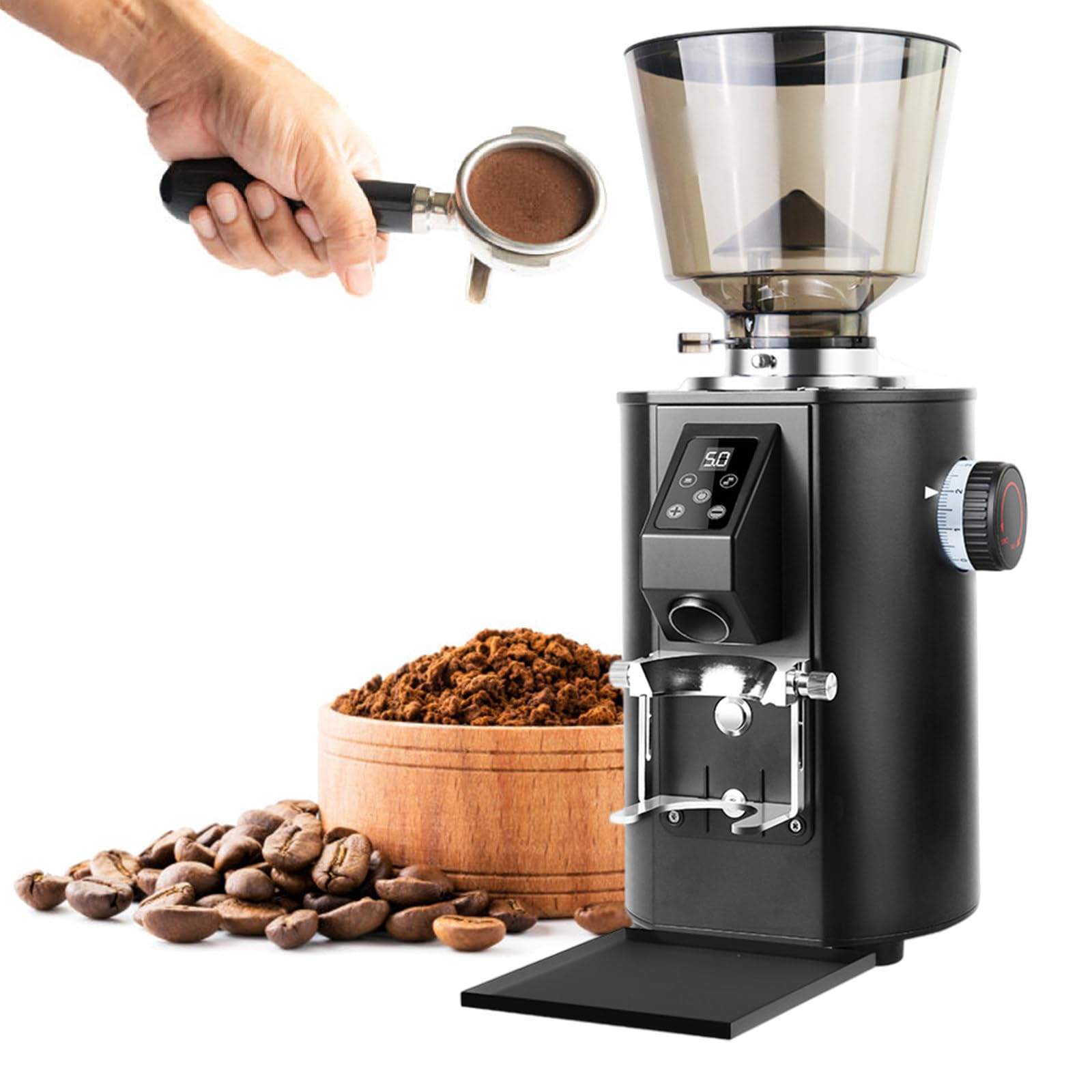 Elektryczny Płytkowy Młynek do Kawy Espresso - Wybór Pojedynczej/Podwójnej Filiżanki | Antystatyczny | do Pour Over/Drip/Dzbanka French Press, Młynek do Ziaren Kawy do Użytku Domowego Black