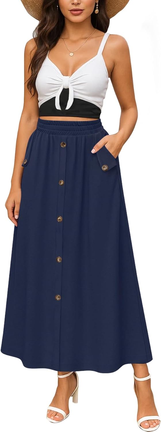 YSYOKOW Women Elastic High Waisted A-Line Midi Skirt Button Front Flowy Long Skirts Casual with Pockets