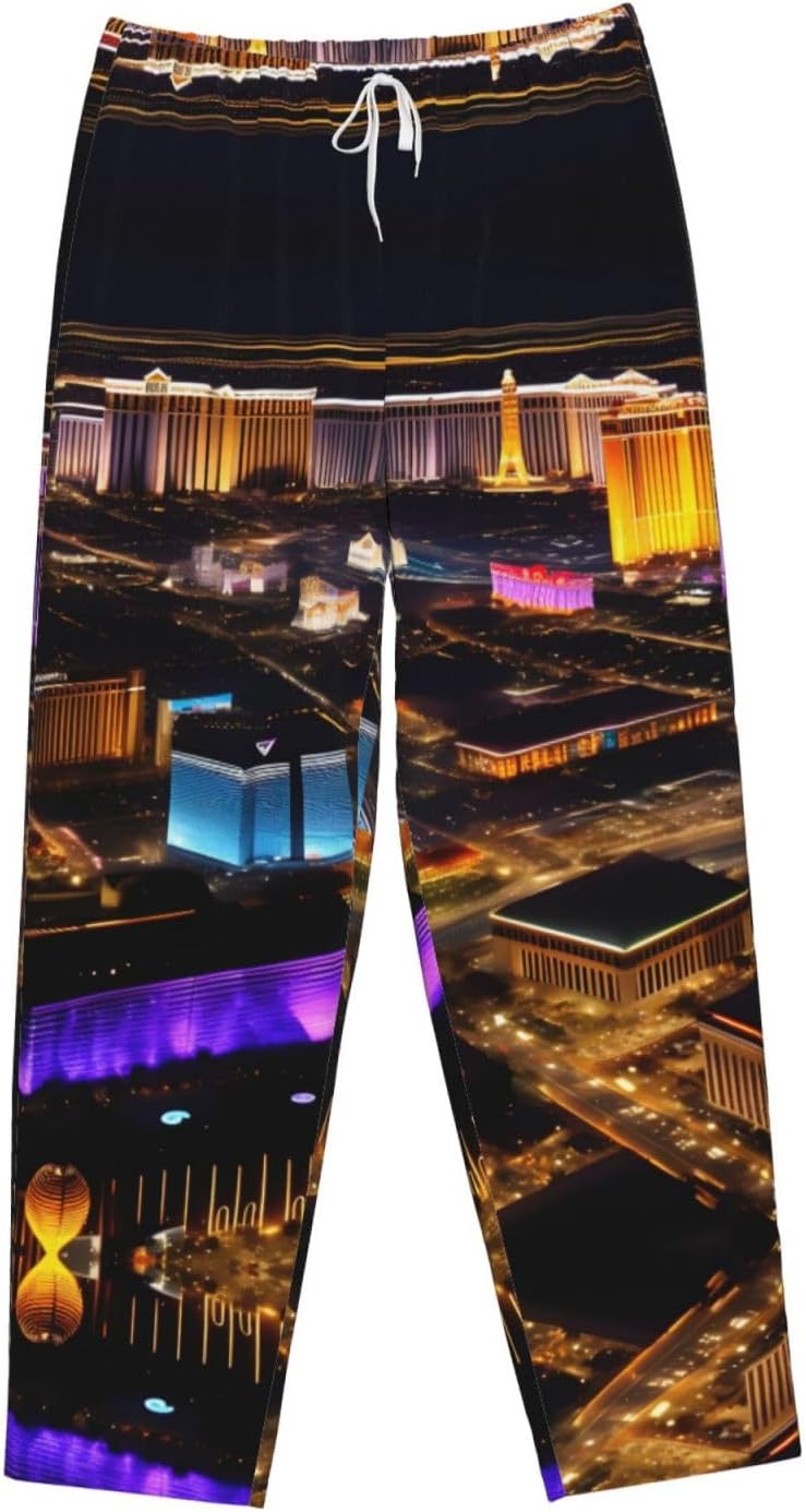 Las Vegas Night View Print Cozy Flannel Pajama Pants For Women,Warm Christmas Pj Pants,Cute Fleece Pajamas