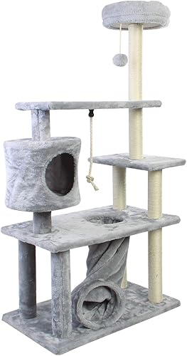 CUPETS Árbol para gatos, escalador para gatos, torre de actividades, condominio gris de varios niveles, casa de juegos para mascotas con poste