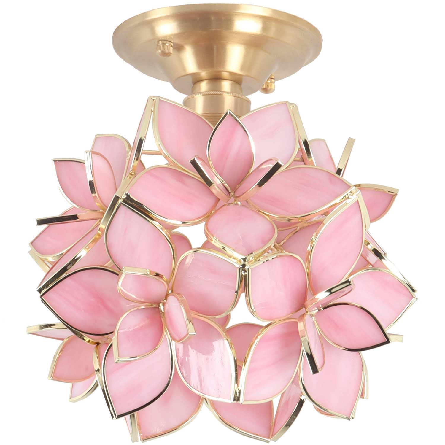Bieye L50923 Flower Petals Tiffany Style Stained Glass Close to Ceiling Light for Home Decor (Pink, 8" Rose Lily)
