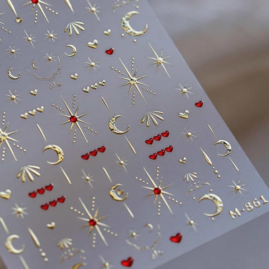 Gold Nail Art Stickers Gold Moon Nail Stickers Heart Star Nail Decals 3D Self Adhesive Golden Nail Art Stickers Decals Heart Nail Art Supplies for