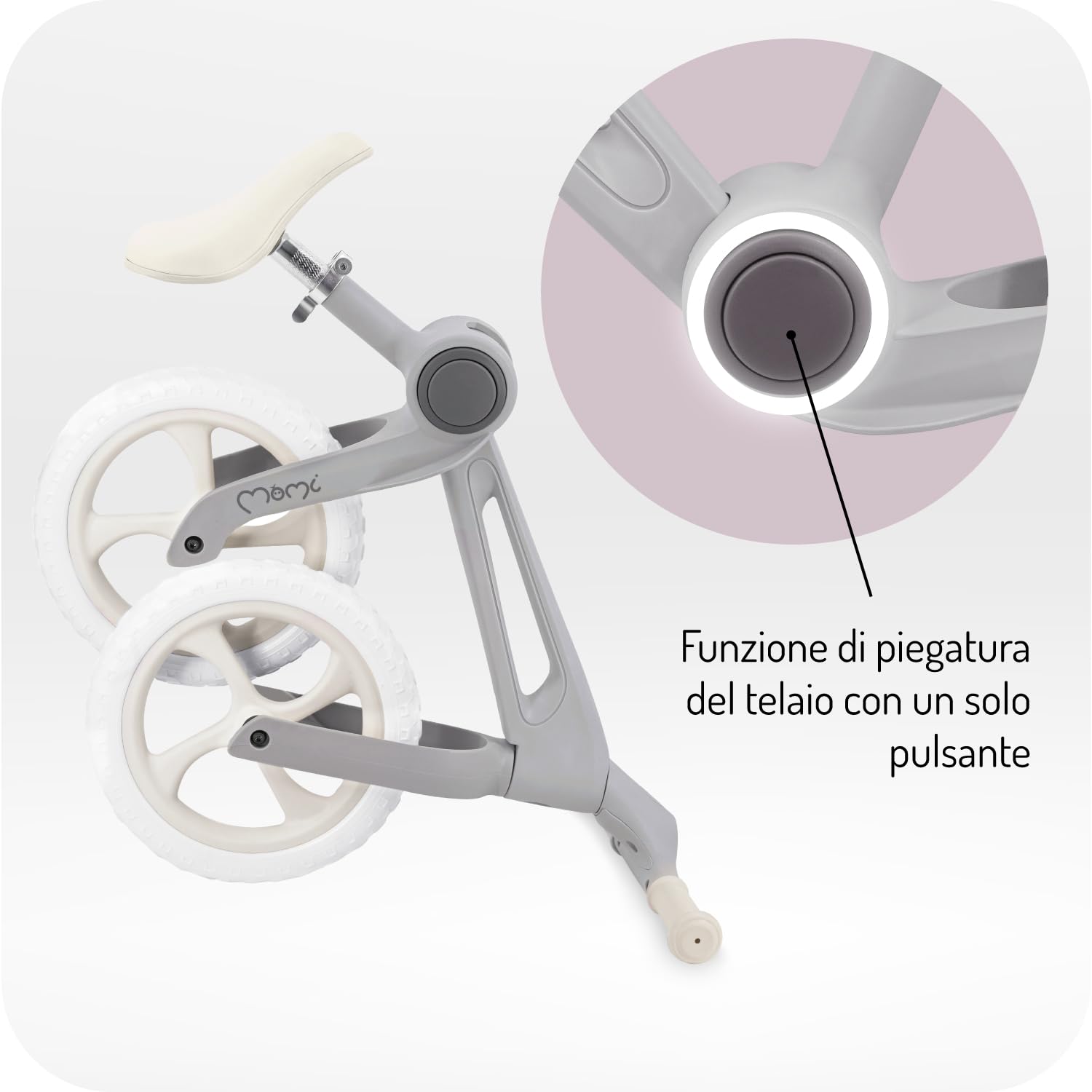 Momi Bicicletta senza pedali NORU per bambini dai 2 anni (max 25 kg), pieghevole con un pulsante, sella regolabile, ruote EVA antiforatura da 12"
