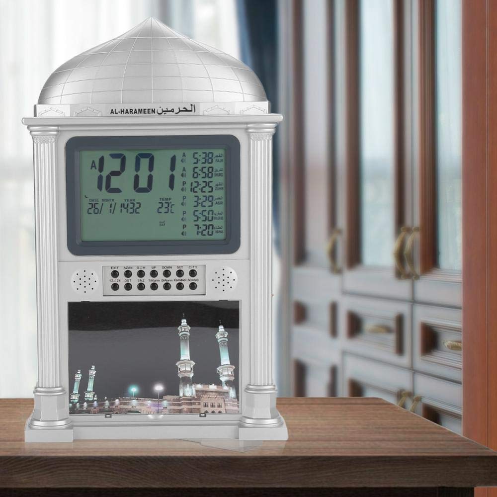 Bewinner AL-HARAMEEN Horloge De Prière Musulmane Horloge De Table Rétro-Éclairée Islamique Multifonctionnelle pour La Prière AZAN HA-4002