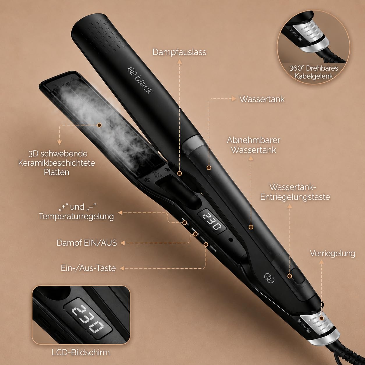 Glätteisen 2-in-1 Professionelles Haarglätter Lockenstab Golden Goods - Dampf & 42mm Breite Titanplatten Keramikbeschichtigung, LCD-Display, 25s schnelles Aufheizen &10 Temperaturstufen 100°C-230°C