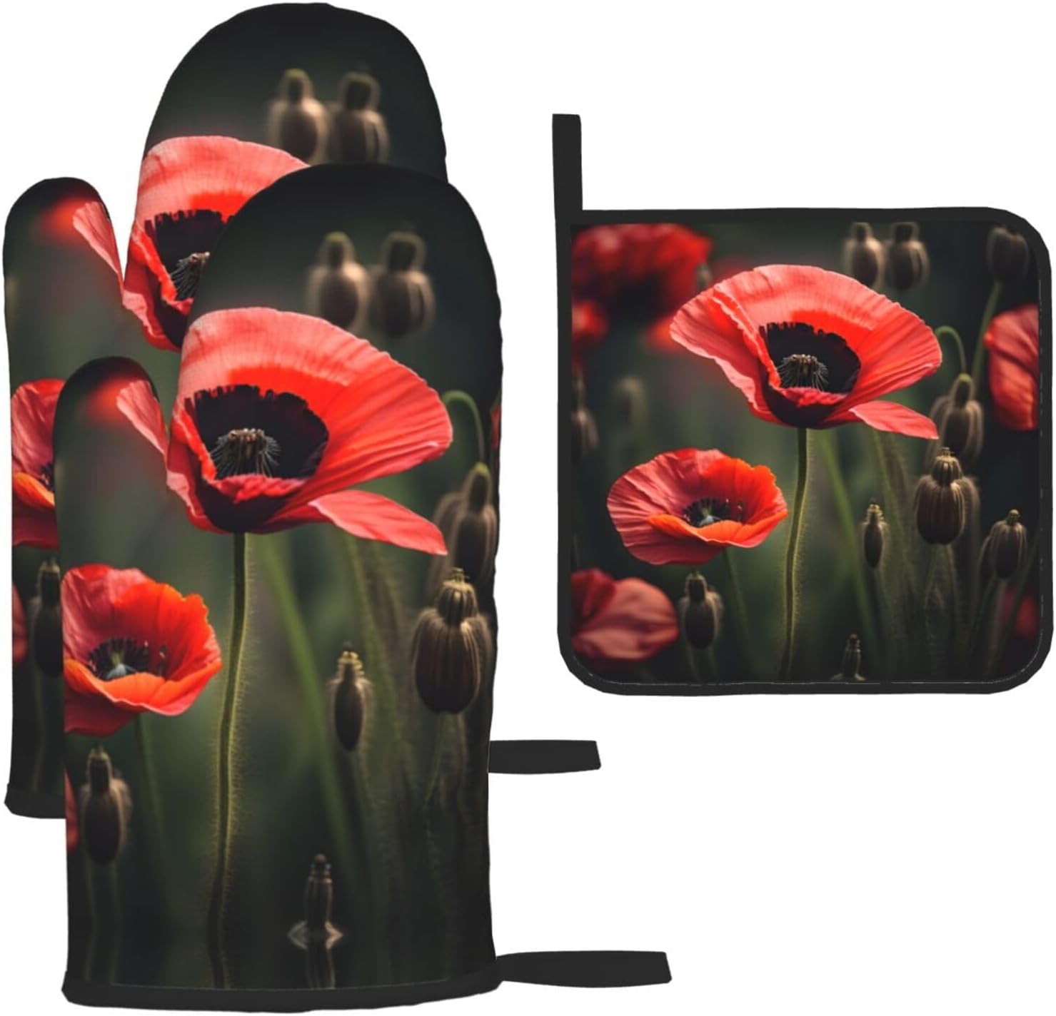 Red Poppy Flower Print Heat Resistant Microwave Gloves, Used for Baking, Cooking, and Fashion Kitchen Essentials