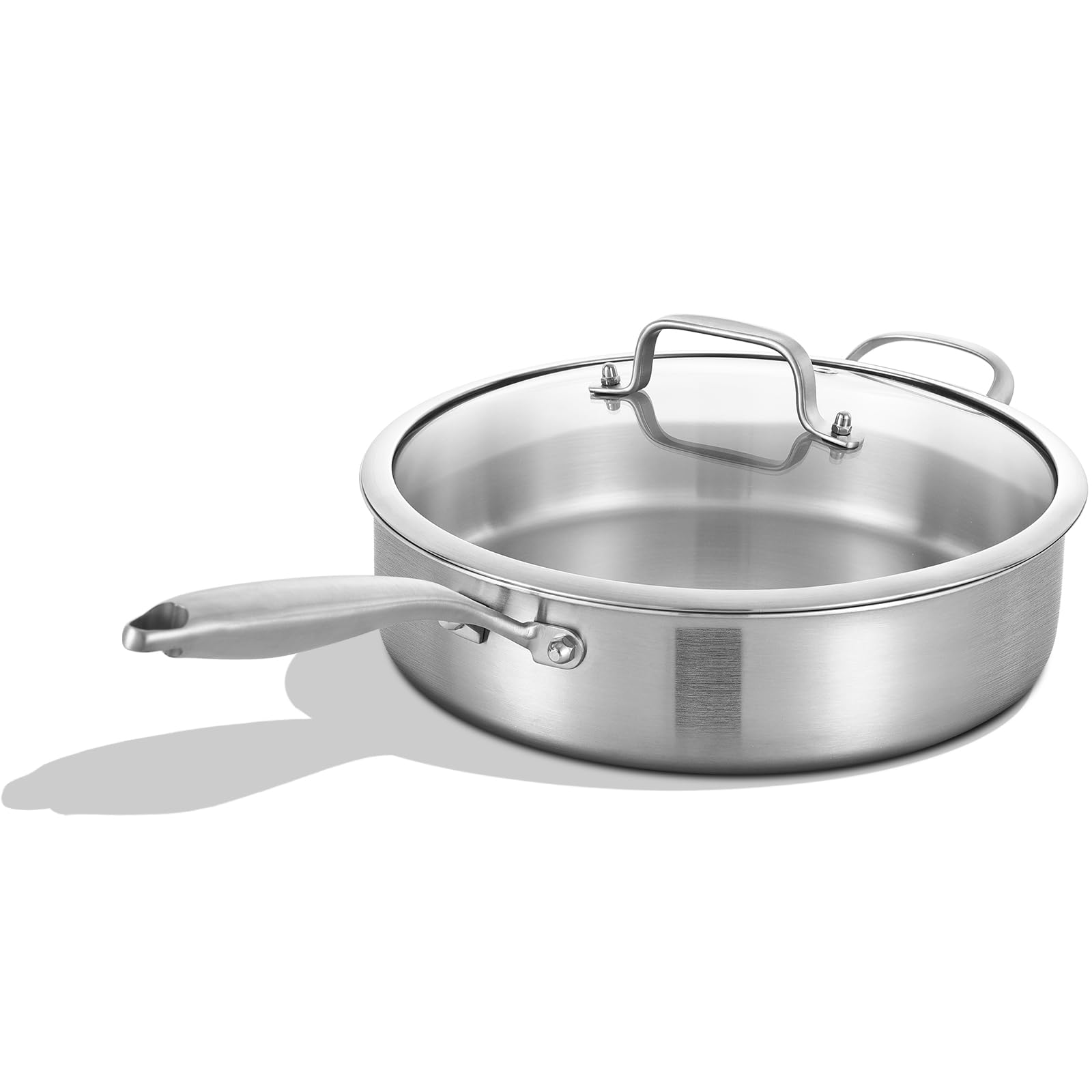 Inqibee Schmorpfanne 26cm Hoher Rand, Schmortopf mit Deckel 2,5L, Edelstahl 18/8 mit langem Griff, Pfanne Induktion, Servierpfanne für alle Herdarten geeignet, backofengeeignet