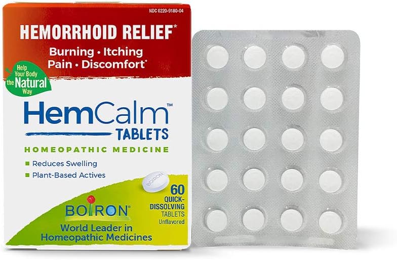 Boiron Hemcalm hemorrhoid Relief Tablets for Itchy Burning Pain, Swelling and discomfort, White, 60 Count