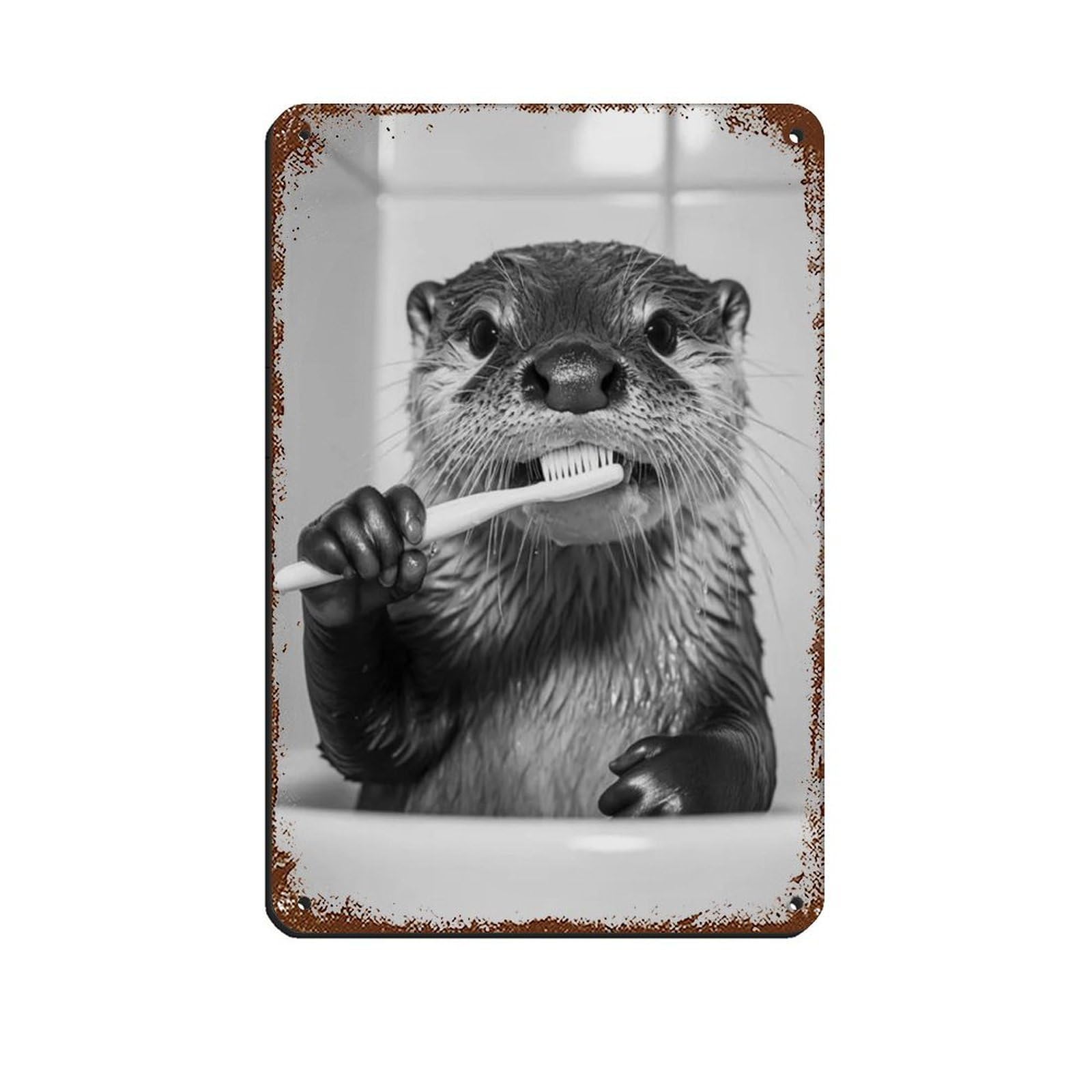 Otter Brushing Teeth, Funny Bathroom Art Tin Sign Vintage Metal Pub Club Cafe Bar Home Wall Art Decoration Poster Retro 8x12inch(20x30cm)