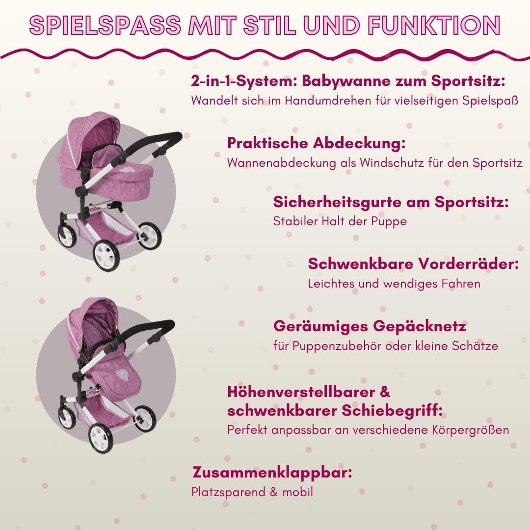 Bayer Chic 2000® 2 w 1 wózek dla lalek Linus - dżinsy różowe - składany, uchwyt z regulacją wysokości 47-78 cm – lalki do 52 cm, 4-8 J.