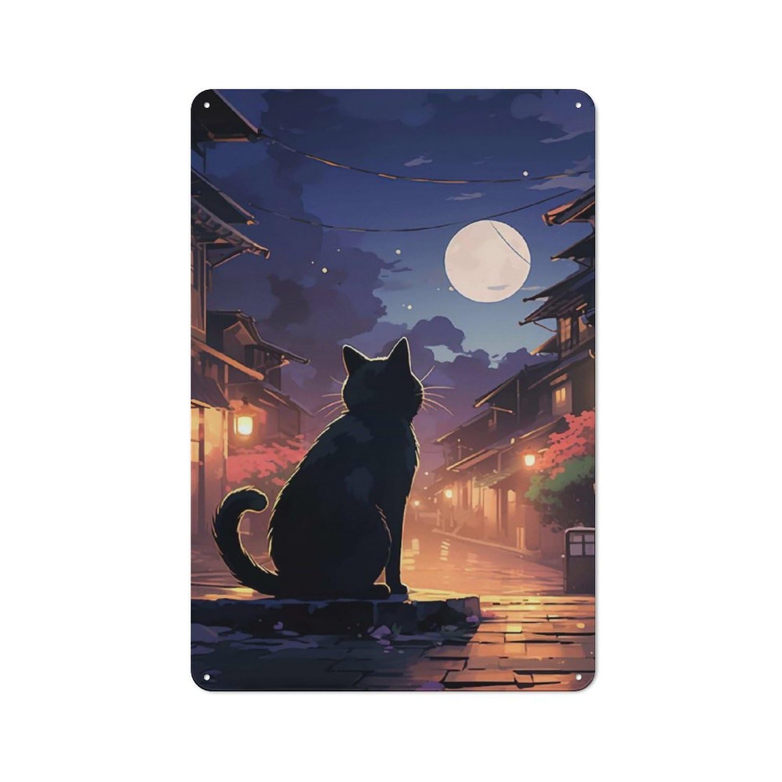 Junmoney Cat Moon Japanese Vintage Tin Wall Plaque 30X20cm For Hallway Wall, For Kitchen, Dining Room And Home Bar Wall Decor