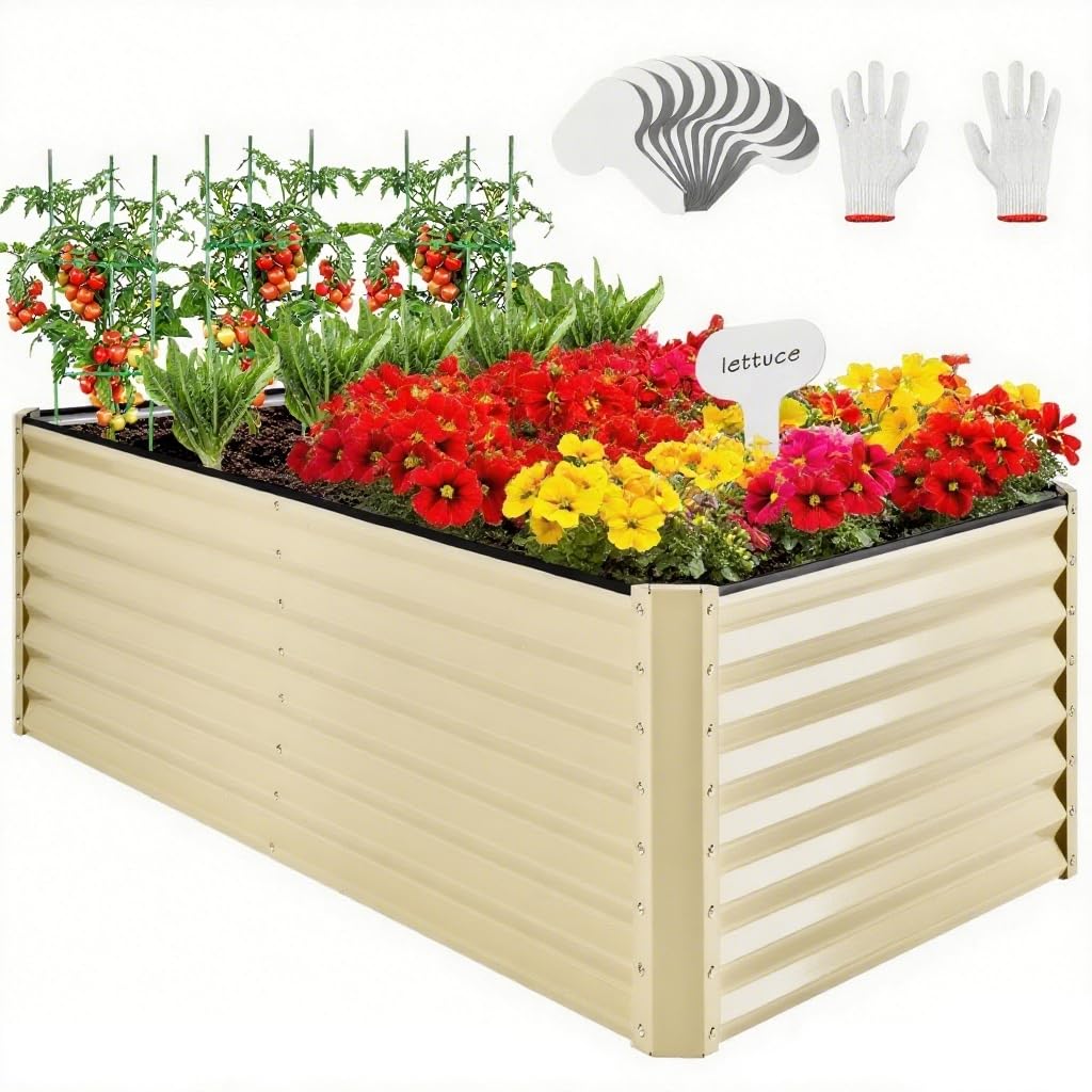 SDHYL 6 x 3FT Raised Garden Bed, Galvanized Steel Planter Box for Flowers, Vegetables, Terraces Herb, Succulent, Gardening Gift with Gloves, Plant Markers & Open Base Drainage, Beige