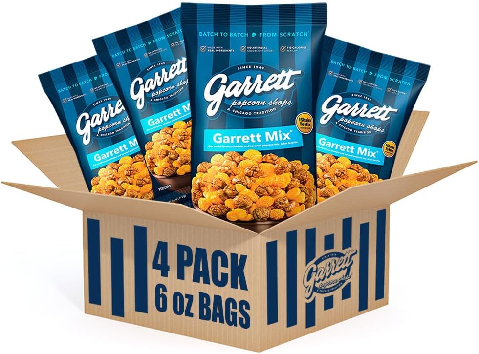 Garrett Popcorn Chicago Classic Cheddar and Caramel Mix, Amazon Exclusive 4 Pack, 6.0oz, Gluten Free, Sweet and Savory Snack, Garrett Mix Gourmet Popcorn