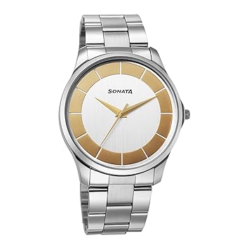 Sonata Traditional Essentials Quartz Silver Gold Round Dial Men's Watch | Analog Watch | Watches for Men Analog - 77163SM01W