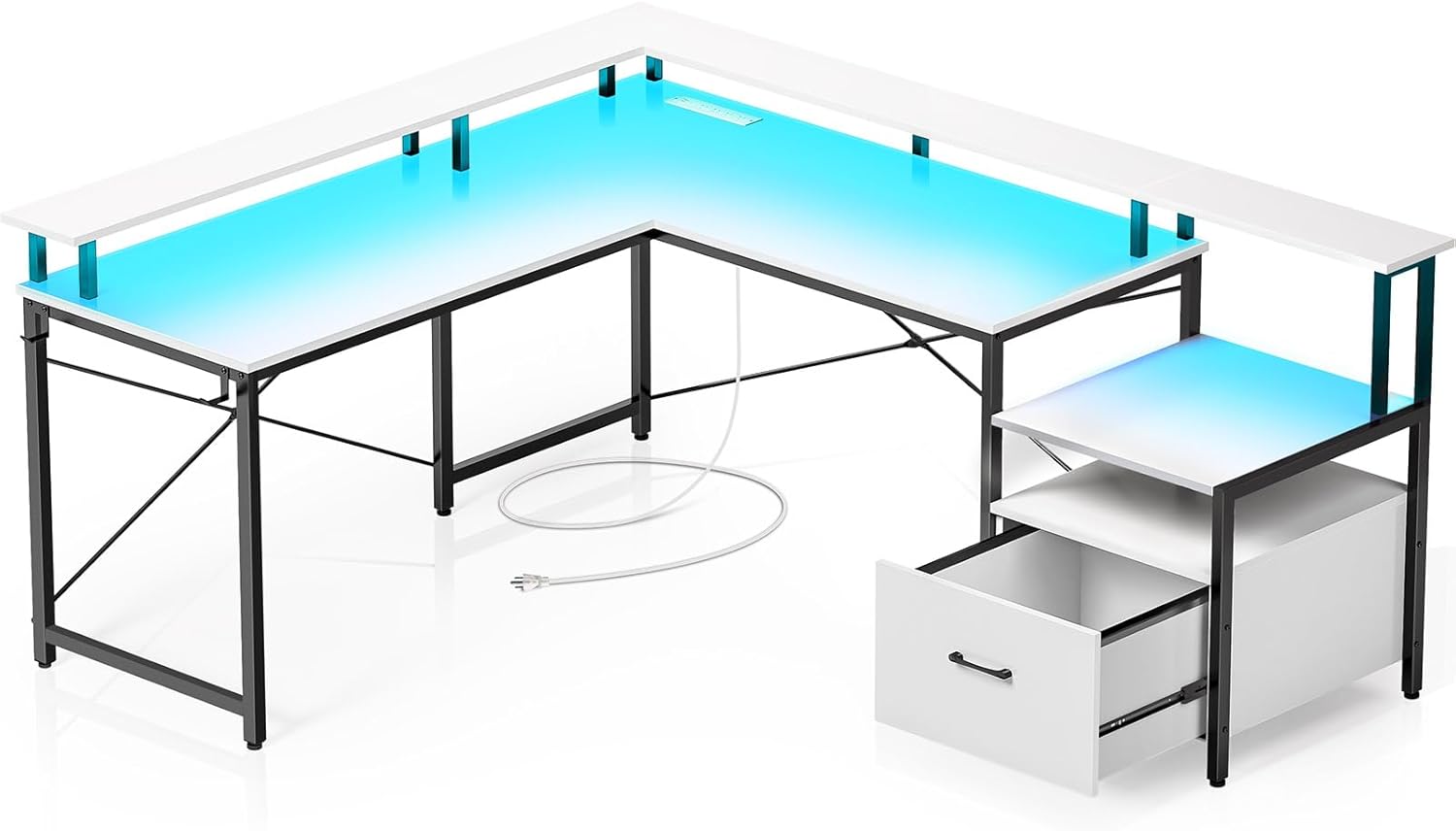 Rolanstar Computer Desk with File Drawer, 64" L Shaped Desk with Power Outlet & LED Strip, L Shaped Computer Corner Desk with File Cabinet, Gaming Desk with Monitor Shelf, Home Office Desk, White