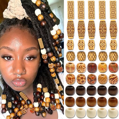 VENOFEN 60PCS Wood Hair Beads Large Hole Tube Beads Loc Dreadlock Jewelry Accessories Multi Style Braids Bead African Vintage Hair Decoration for Women