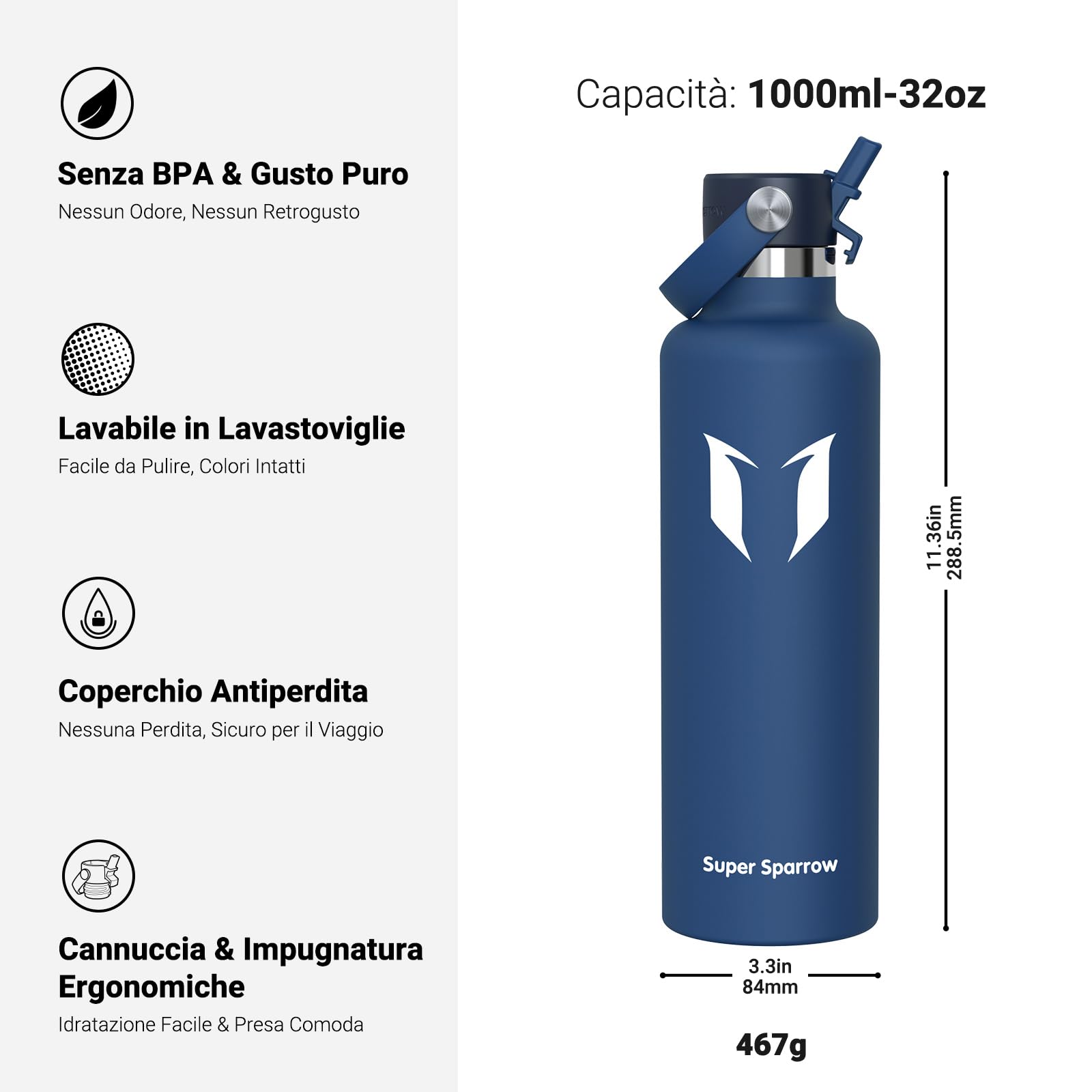 Super Sparrow Borraccia Termica, Acciaio Inox Bottiglia Termica - 350ml, 500ml, 750ml, 1L, 1.2L - Senza BPA Borracce, Borraccia Bambini per Scuola, Sport, Campeggio, Yoga, Palestra, Ciclismo