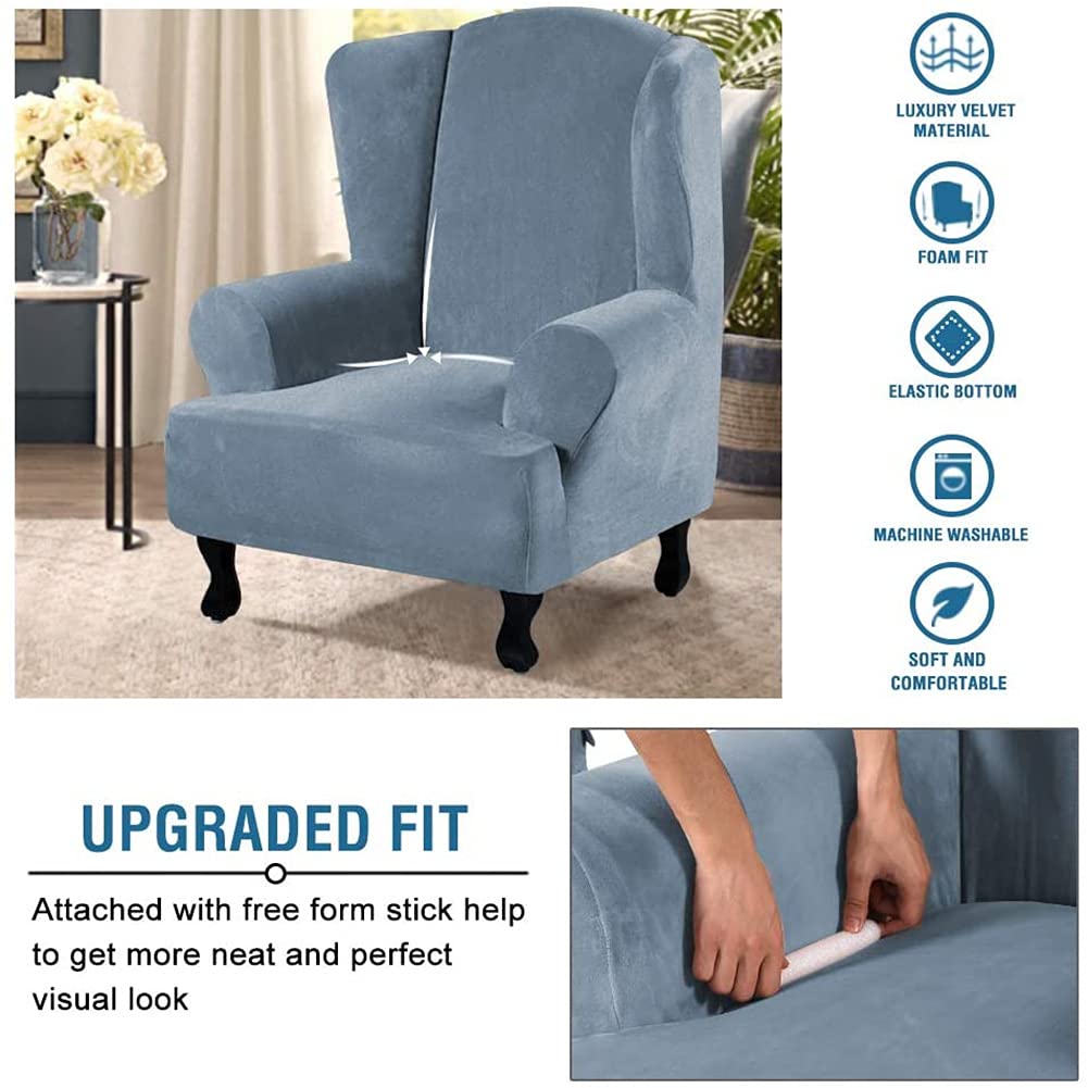 Funda De Sillón Orejero Elástica, Lujo Suave Terciopelo Funda De Sillón Lavable Funda De Sillón para Orejero para Sala De Estar Sofa (Gris Azul)