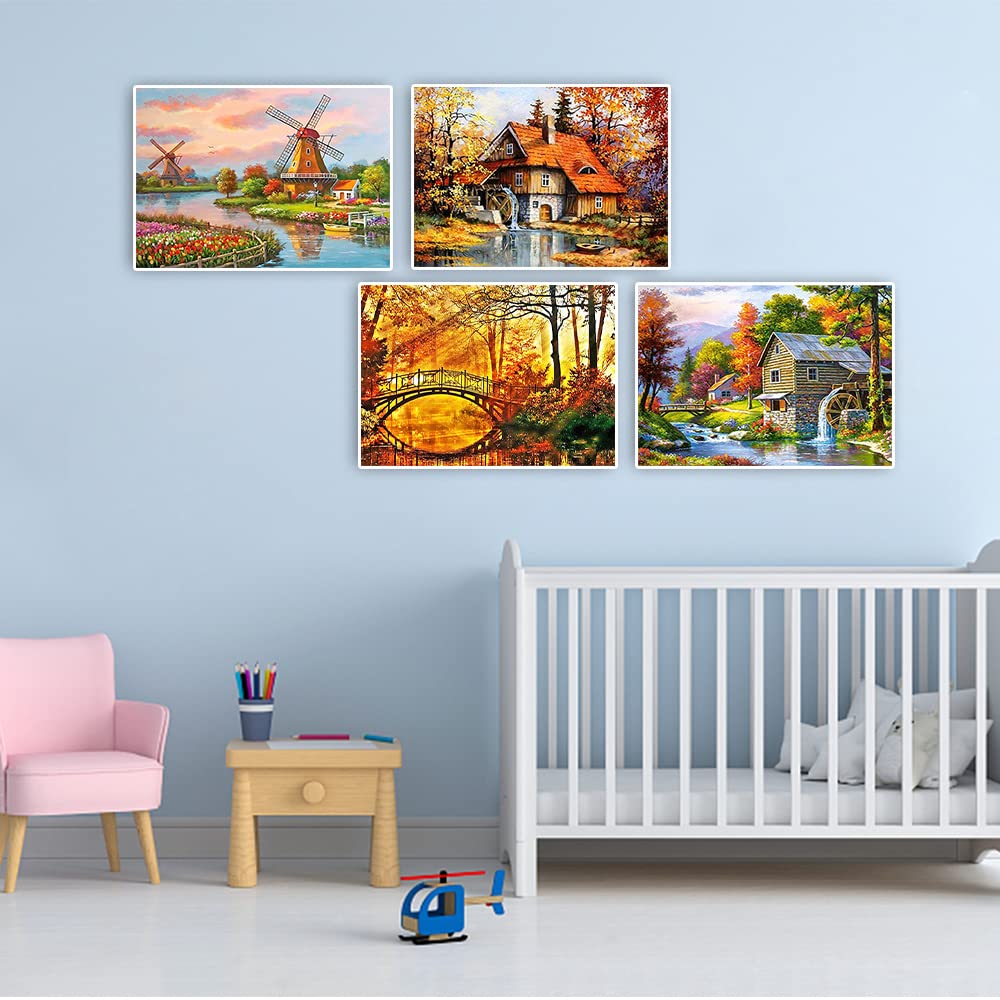 DCIDBEI Lot De 4 Peintures Diamant Paysage Jaune 40x50cm - Kit Complet Broderie Diamant Paysages Moulin Vent Pont Automne