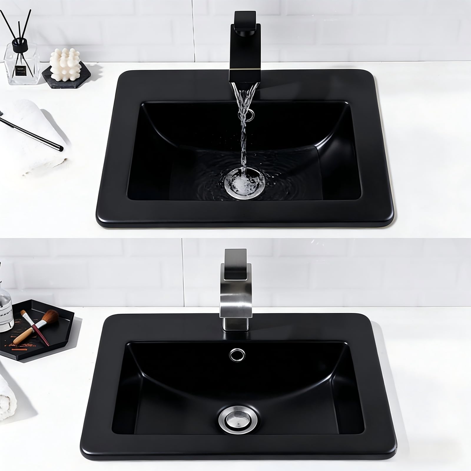 Lavabo en Céramique Noir Mat, 53 x 46 cm, Rectangle, Vasque à Encastrer Moderne, Lavabo de Comptoir avec Trou pour Robinet,Trop-Plein et Bonde de Vidange Escamotable en Acier inoxydable, Salle de Bain