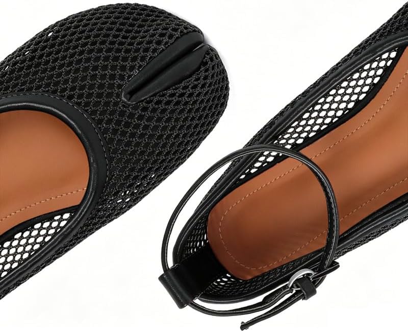Image of Wnshonzy Mesh Ballet Flats for Women Round Toe Buckle Strap Fishnet Mary Jane Flats Comfy Casual Office Womens Summer Flats Shoes