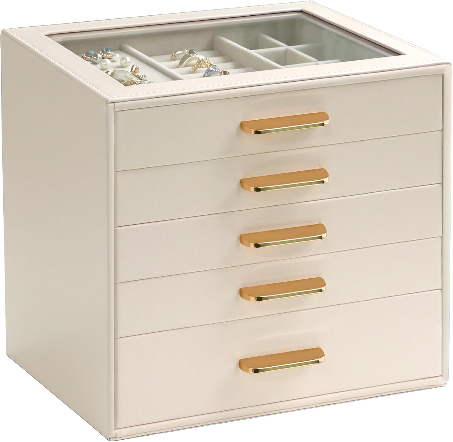 Homeanda Jewelry Boxes Organizer with Glass Lid, 5-Layer PU Leather, Beige