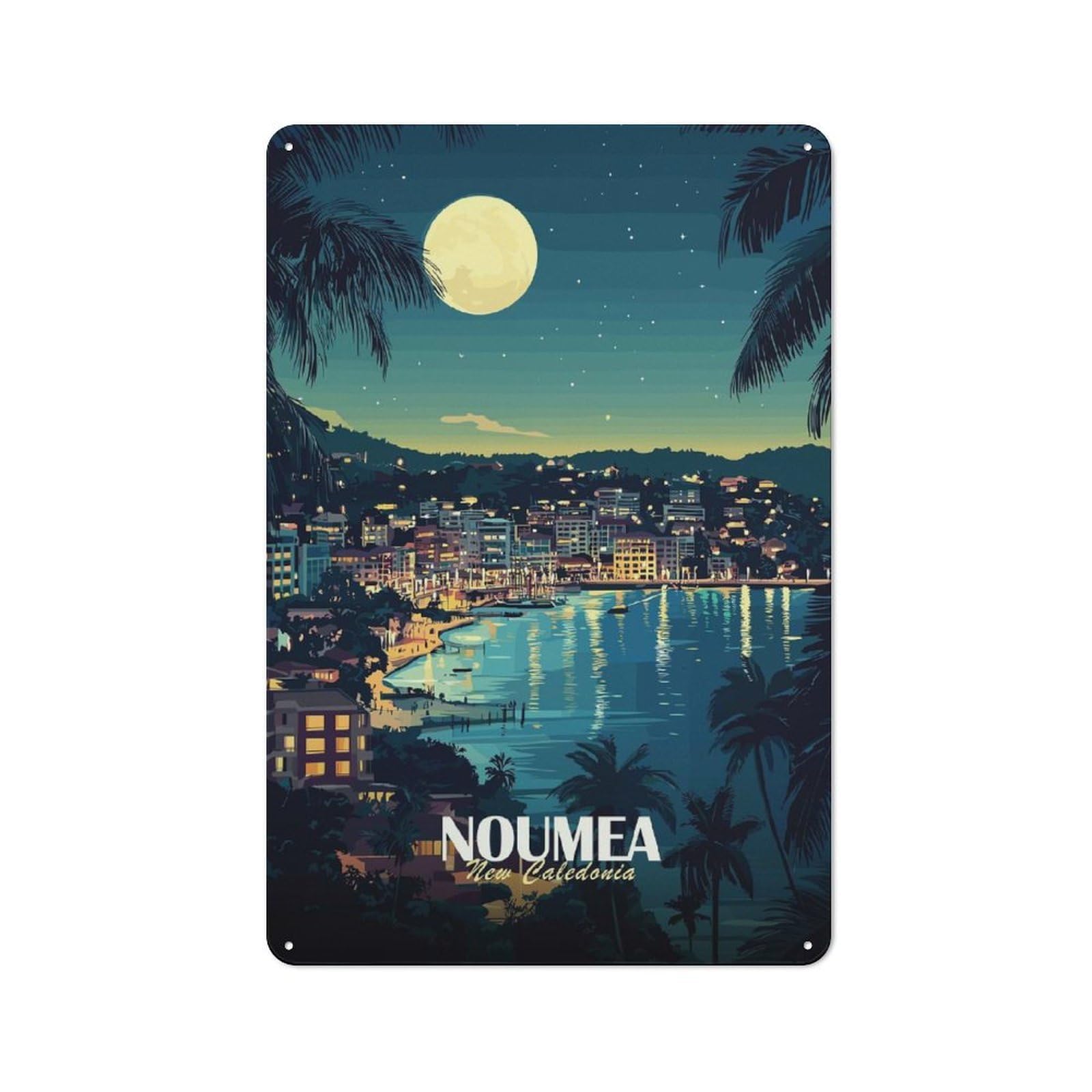Classic Noumea, New Caledonia Nightscape Illustration Metal Sign 30x20cm, Classic Pub Decor for Diner, Restaurant, Shed Or Kitchen