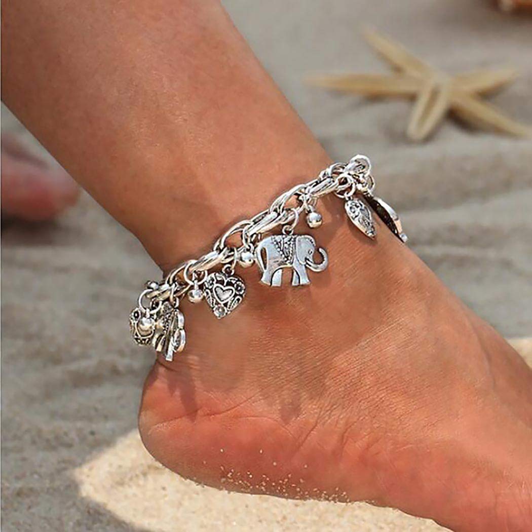 BomineBoho Silver Elephant Ankle Bracelet Chunky Thick Heart Anklets Flower Beach Foot Chain Jewelry for Women and Girls