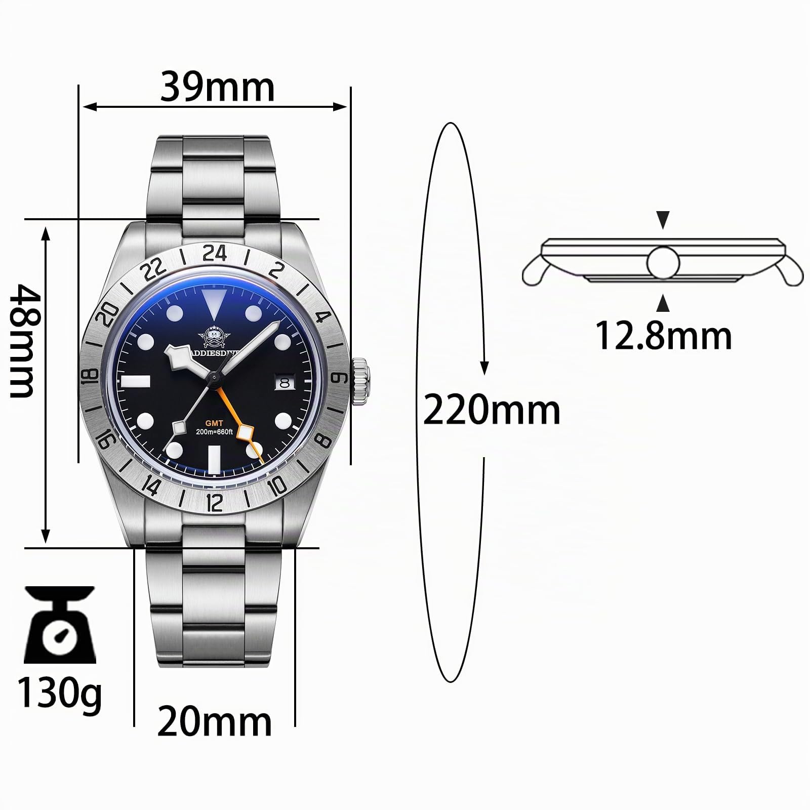 ADDIESDIVE GMT Herrenuhr analoge Uhr Diver 200m wasserdicht 39mm Blasenspiegelglas leuchtende Uhr