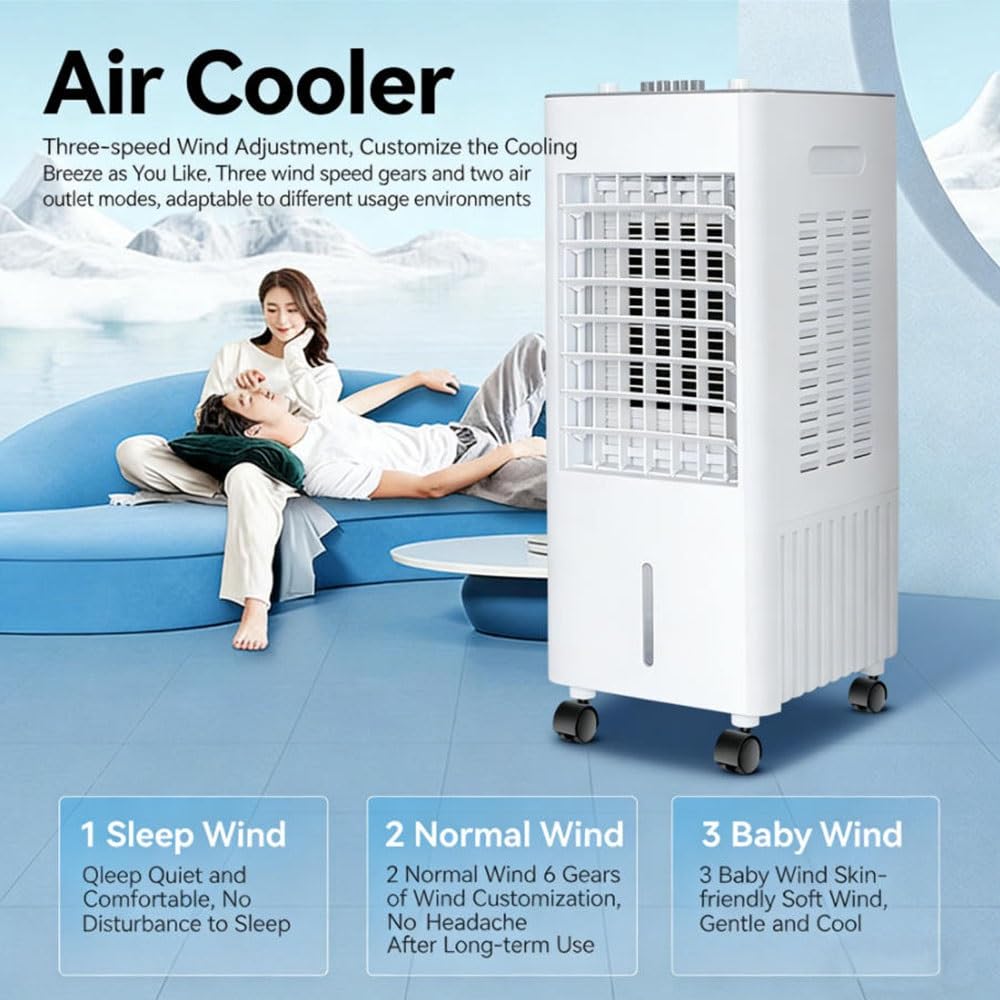 Verdunstungskühler, Mobiler Luftkühler, 4-in-1 mit 3 Stufen, 6L/12L Fernbedienung, Mobiles Klimagerät ohne Abluftschlauch mit Wasserkühlung, Ventilator, Luftbefeuchter und Nachtmodus(12L white)