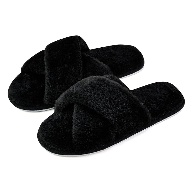 ANLUKE Womens Fuzzy Slippers Cross Band Memory Foam House Slippers for Women Cozy Indoor Outdoor Open Toe