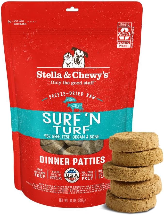 Freeze Dried Dog Food for Adult Dogs, Surf & Turf Dinner, 15-Ounce Bag