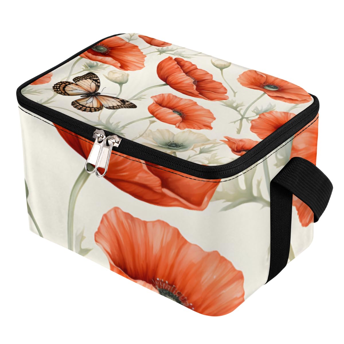 GzLeyigou Lunch Bags for Women Men 9 Cans,Poppies Butterfly Hot & Cold Food Delivery Bag Insulated Grocery Bag Insulated Lunch Box Flowers Cooler Bag for Office Work Picnic Beach
