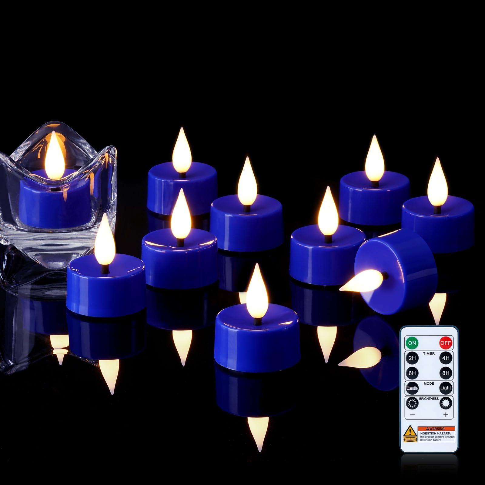 Flameless Blue Timer Remote Tealights Candles, 3D Black Wick Flickering Tea Light, 300+Hour Colored Votive Candles Battery Operated, Set of 12 for Wedding, Theme Party, Aniversary, Halloween