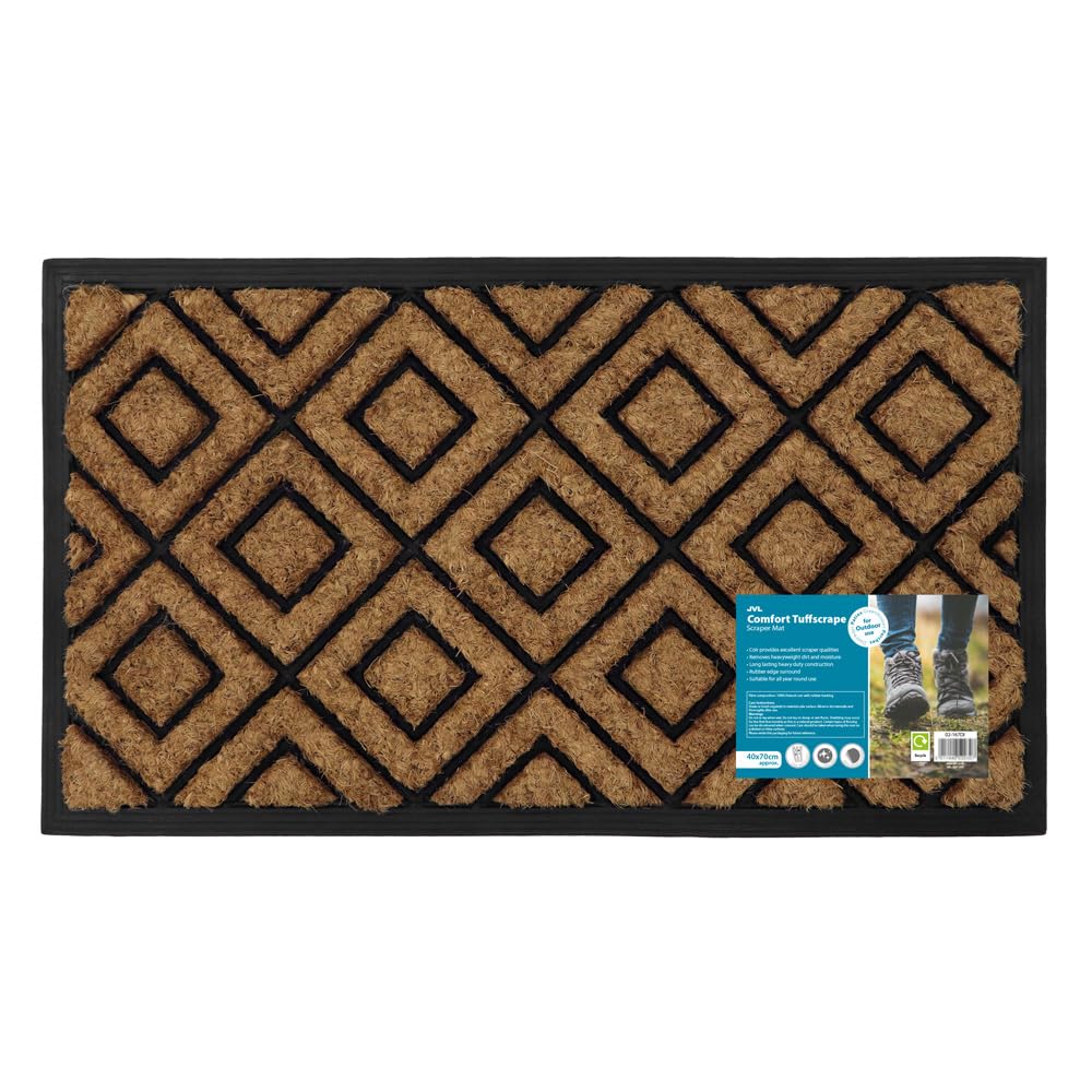 JVL Comfort Rubber Backed Coir Tuffscrape Scraper Doormat, 40x70 cm, Diamonds