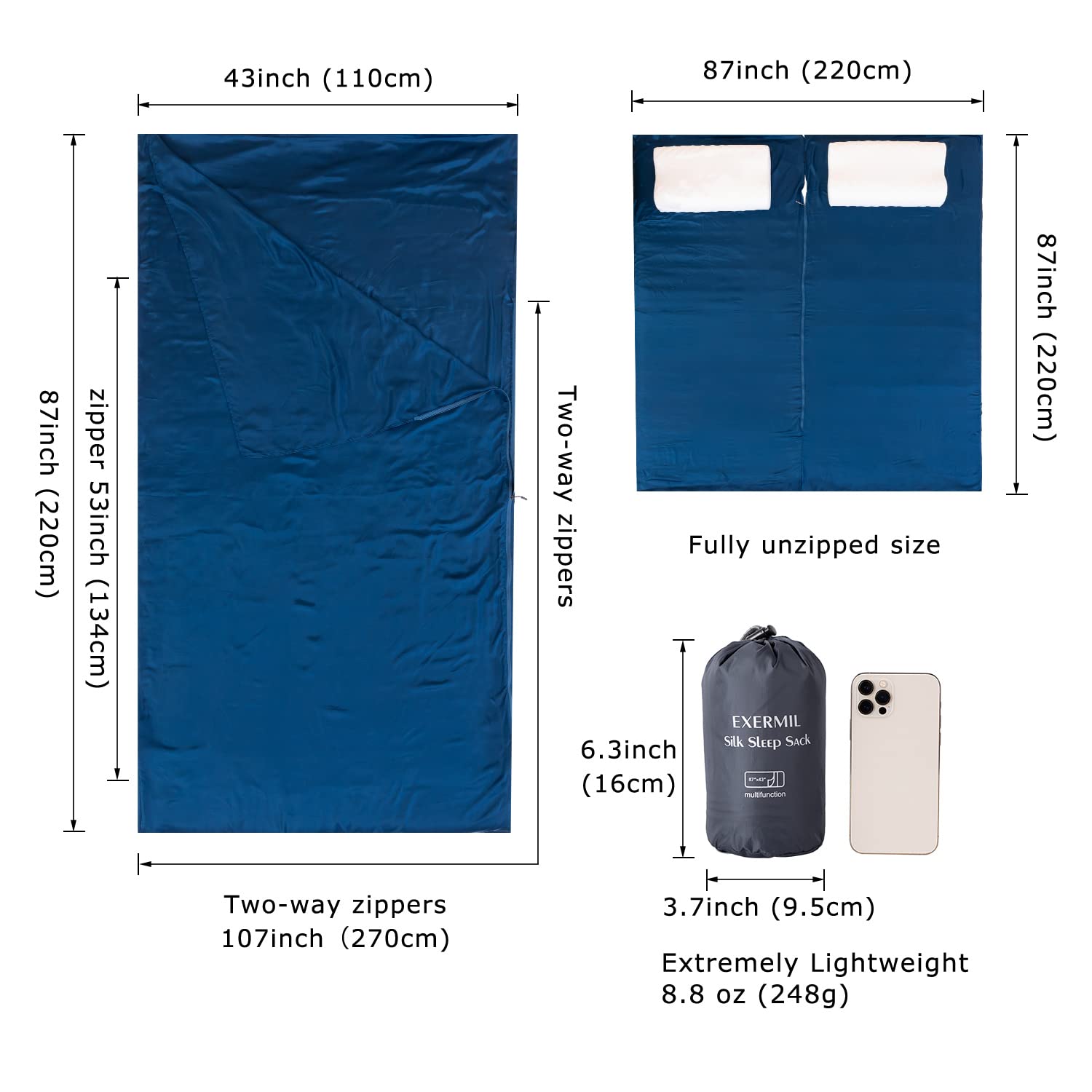 100% jedwabny worek do spania z zamkami błyskawicznymi dookoła, 221 x 109 cm, duże prześcieradła do spania, do hoteli, podróży i biwakowania, wielofunkcyjne prześcieradła podróżne (rozpinane: 221 x