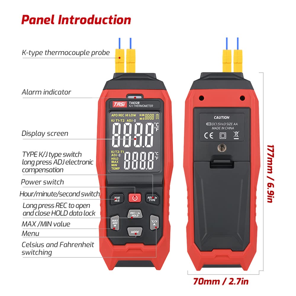 TASI TA612C Thermoelement-Thermometer Typ K/J mit 4 Kanälen -200~1372℃/ -328~2501℉ Digitales LCD-Handheld-Temperaturmessgerät 5000 Gruppen Datenspeicherung mit USB-Daten-Upload und Echtzeitmessung