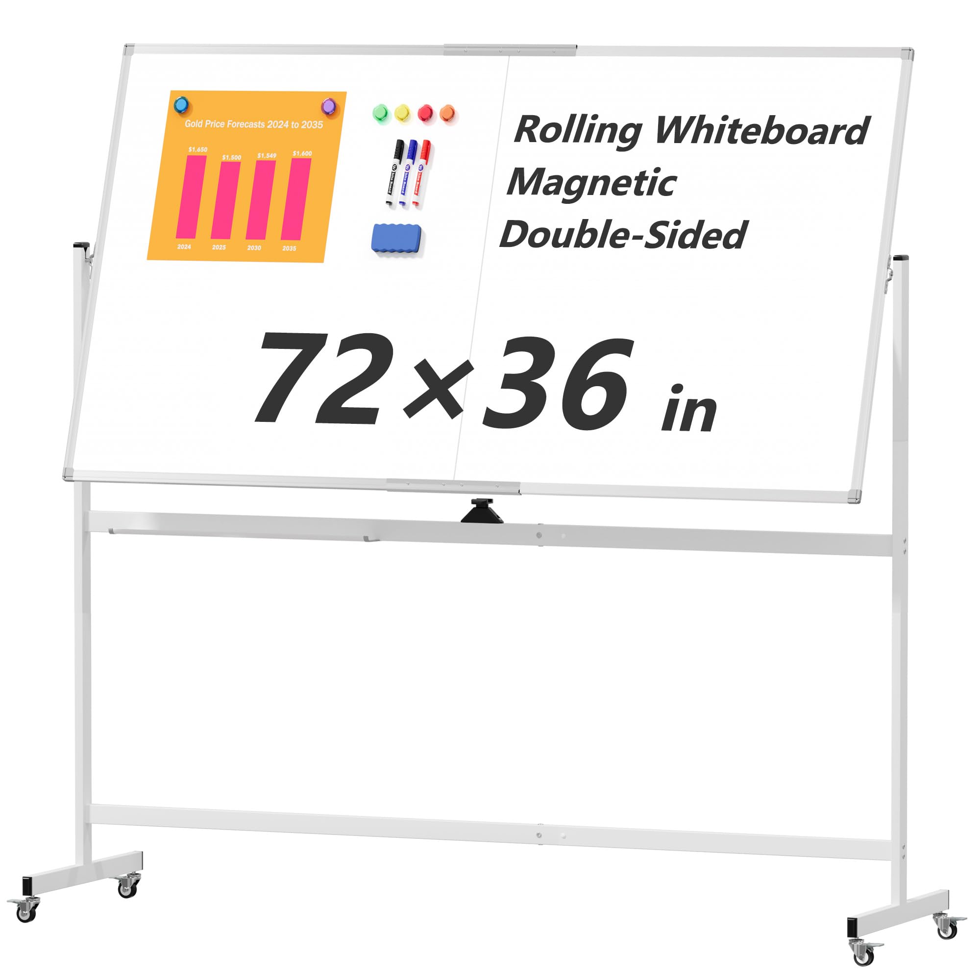 Large Rolling Whiteboard on Wheels, 72" x 36" Double-Sided Mobile White Board with Stand, 6' x 3' Portable Standing Magnetic Dry Erase Board Easel for Home Office Classroom School, Silver