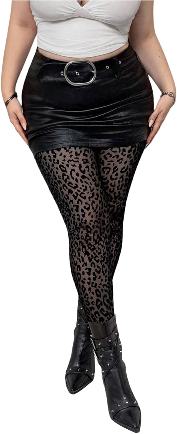 SHENHE Women's Plus Size Leopard Print Footless Tights High Waist Sheer Cheetah Tights Leggings