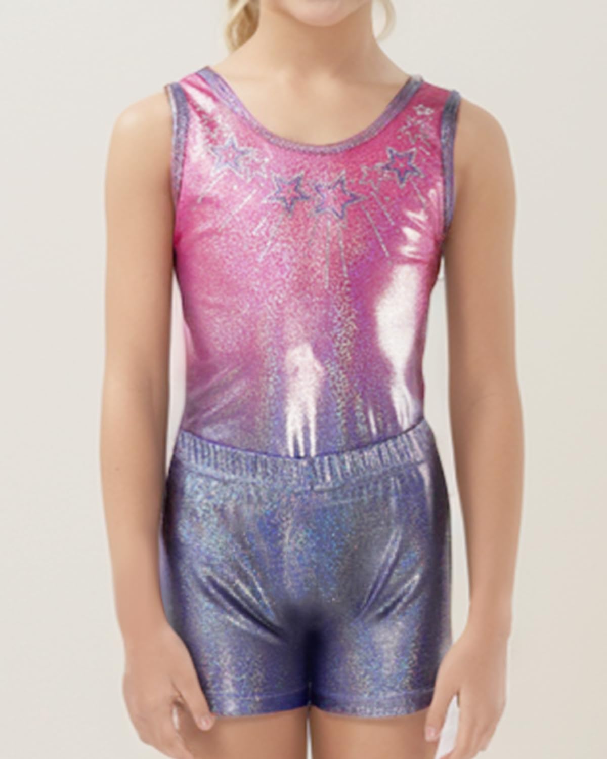 Gogokids Conjunto de gimnasia de tres piezas para niña, cuello en Y, sin mangas, con pantalones cortos y diadema, traje de gimnasia con diseño de bloques de color azul y morado, 3-12 años — view 8