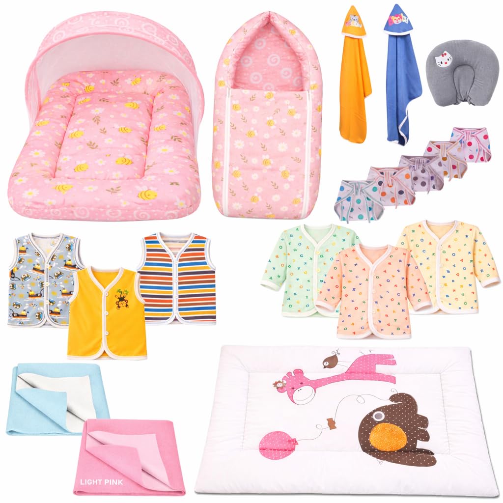 Kwitchy Newborn Baby Essentials Kit 19 Items Combo | New Born Baby Products All Set 0–6 Months | Cotton Newborn Clothes, Bedding & Baby Bed Combo (Pink)-picture-29