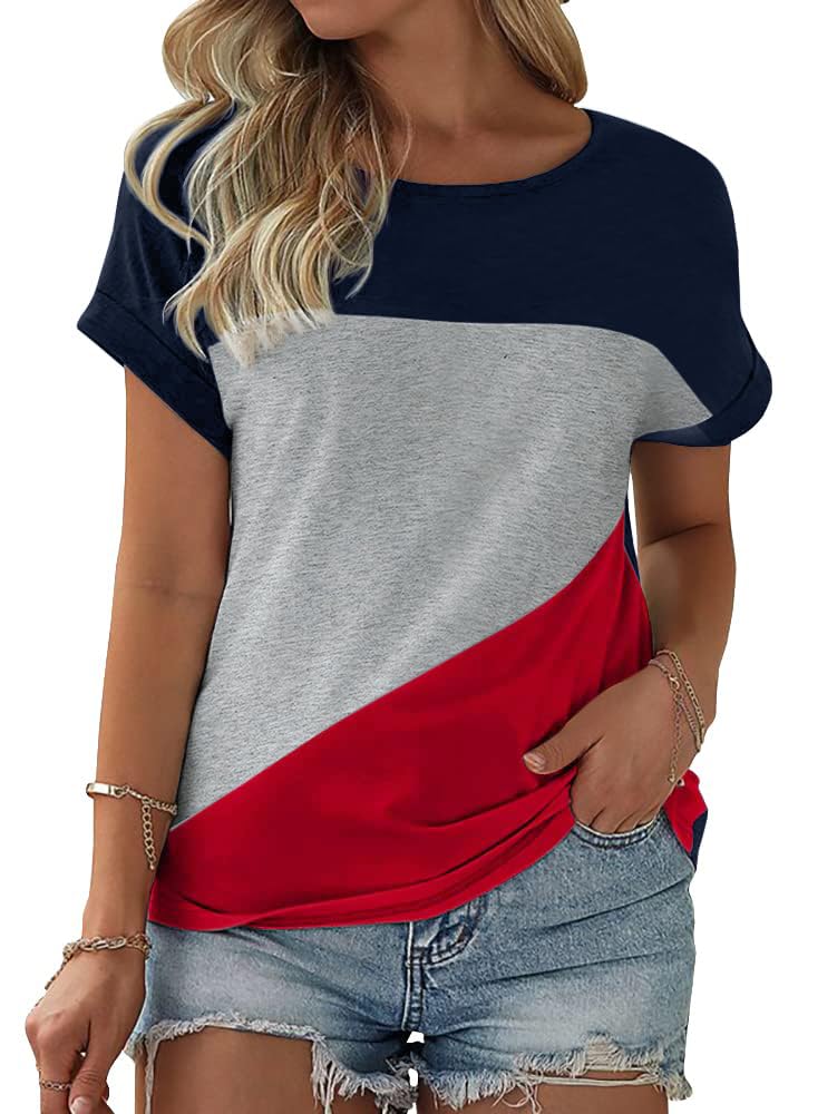 Fisoew Damen T-Shirt Rundhals Farbblock Kurzarm Shirt Casual Oberteil Sommer Locker Baumwolle Tee Tops