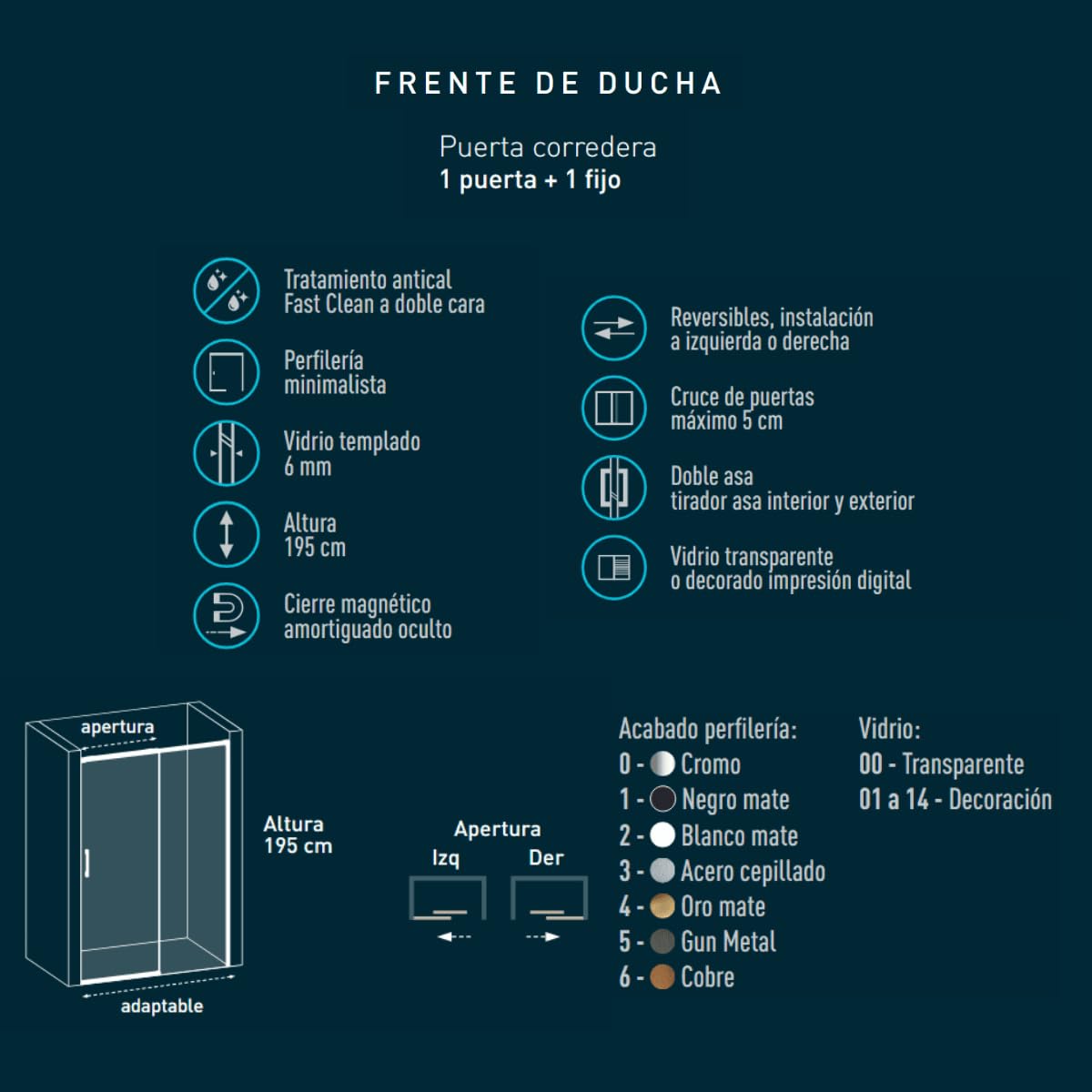 Mampara Ducha Frontal 1 puerta 1 fijo Corredera | Vidrio Templado 6mm Antical Transparente | Perfil Acero Cepillado 160 cm (Adaptable 155,1-160cm)