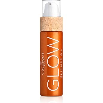 coconut glow organic body oil shimmer body oil with face glitter gives bronze shimmer organic natural ingredients biscuit scent 110 ml
