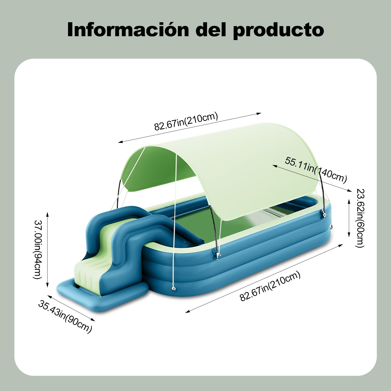 Ergocar Piscina Infantil Hinchable, Piscina Rectangular con Tobogán y Toldo, Piscina para Fiesta AcuáTica De Verano para Niños, Adultos, Familias