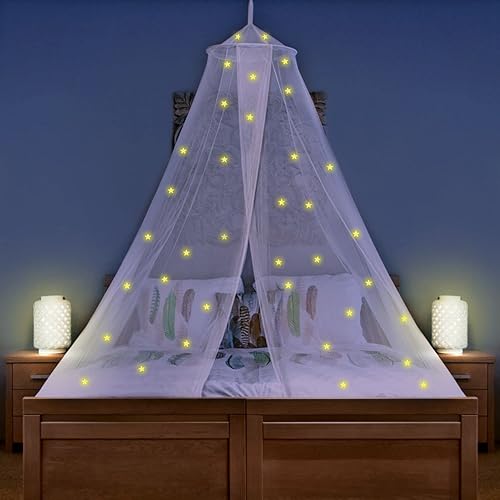 Vista 34 de Toldo morado para cama de niñas con estrellas prepegadas que brillan en la oscuridad, decoración de habitación de mosquitera de princesa, tienda